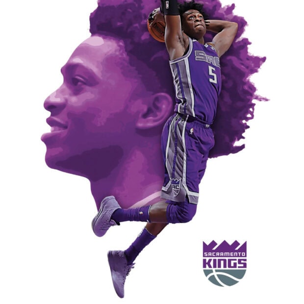 A dynamic Sacramento Kings player in purple uniform jumps for a slam dunk with a large purple portrait in the background