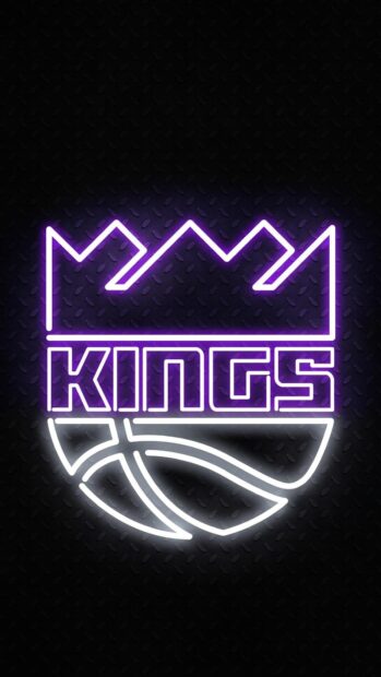 Neon light style Sacramento Kings logo shines on a dark textured background