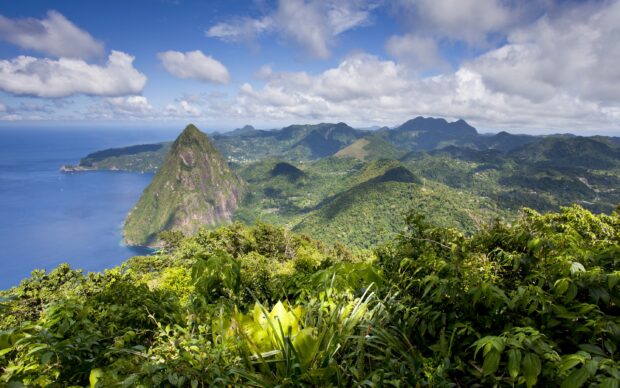 Lush tropical vegetation surrounds the scenic volcanic peaks of Saint Lucia coastal landscape