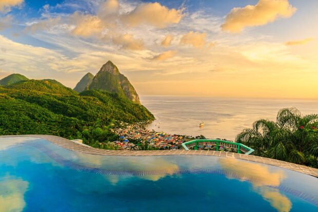 Scenic view of Saint Lucia hills and tropical coastline at sunset