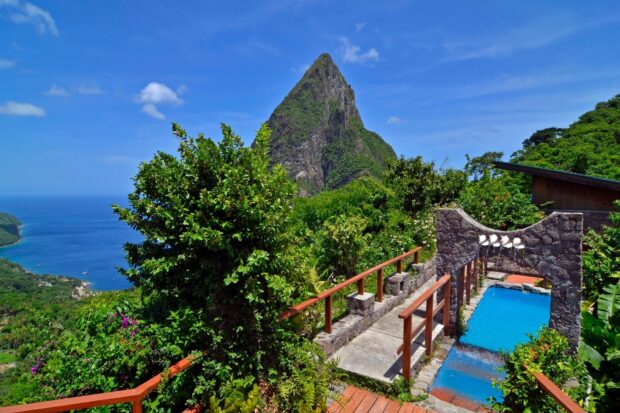 The Piton mountain surrounded by lush greenery in Saint Lucia landscape view