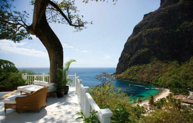Stunning Saint Lucia view from a terrace overlooking the ocean and lush green hills