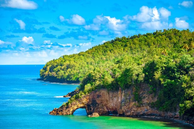 Lush green Saint Lucia coastline with natural rock arch over clear blue sea