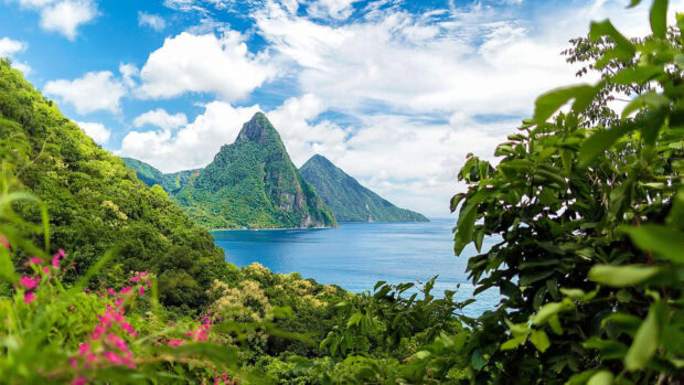 Lush Saint Lucia landscape with mountains and ocean view under a bright sky