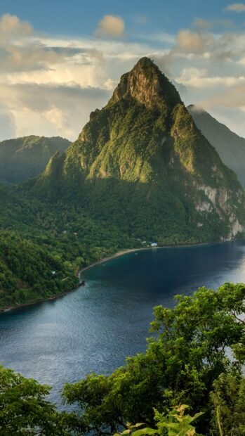 Lush Saint Lucia mountain covered with dense forest near the coastline