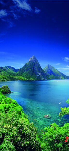 Lush green hills of Saint Lucia overlooking the clear blue sea and vibrant coral reefs