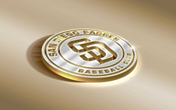 The San Diego Padres logo shines in gold and silver with a reflective background, 2K Desktop Wallpaper