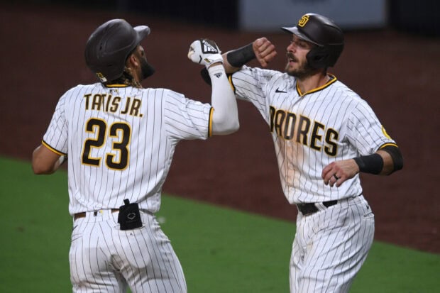 Two San Diego Padres players in action during a game, 2K Desktop Wallpaper