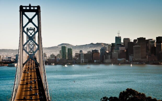 San Francisco skyline view with the bridge and city buildings on a clear day