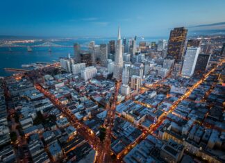 Nighttime view of San Francisco skyline with city lights and Transamerica Pyramid in HD