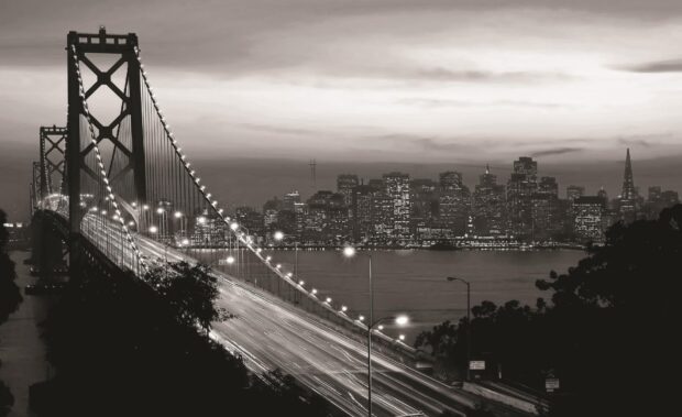 San Francisco skyline with the bridge and city lights at dusk in black and white