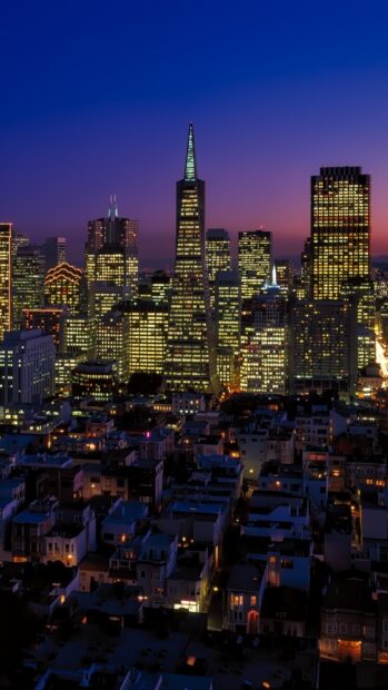 San Francisco skyline view at night with illuminated buildings and clear sky