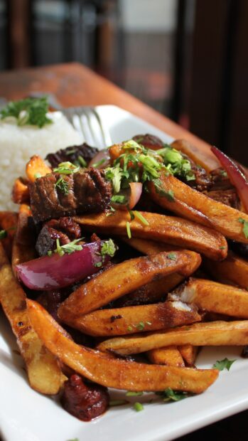 A plate of French fries mixed with grilled meat and fresh herbs served with rice, 4K Phone Wallpaper