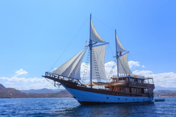 A classic schooner sailing on calm blue waters under a bright clear sky