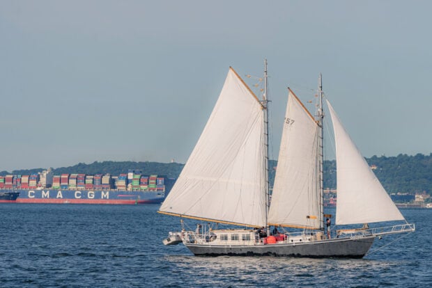 A schooner sailing on the ocean with white sails and a container ship in the background