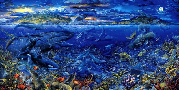 A vibrant underwater scene filled with various sea animals swimming near a colorful coral reef