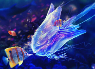 A colorful sea animals jellyfish and tropical fish swimming in deep ocean water
