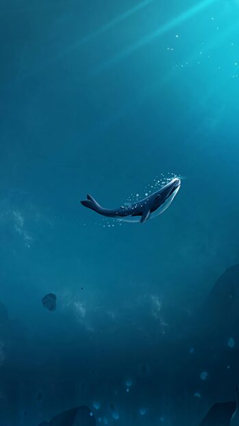 A sea animal whale swimming peacefully underwater with light rays breaking through the ocean surface