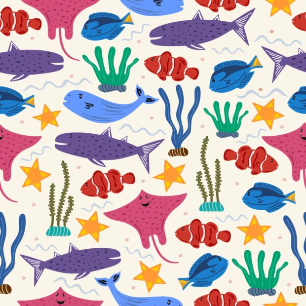 Colorful sea animals featuring clownfish stingrays and starfish in a seamless pattern