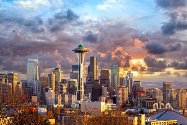 The Seattle skyline shines brightly during the golden hour with clouds in the sky, Seattle Skyline Wallpapers, HD Desktop Wallpaper