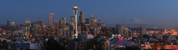The Seattle skyline features the Space Needle and city lights at twilight, 4K Desktop Wallpaper