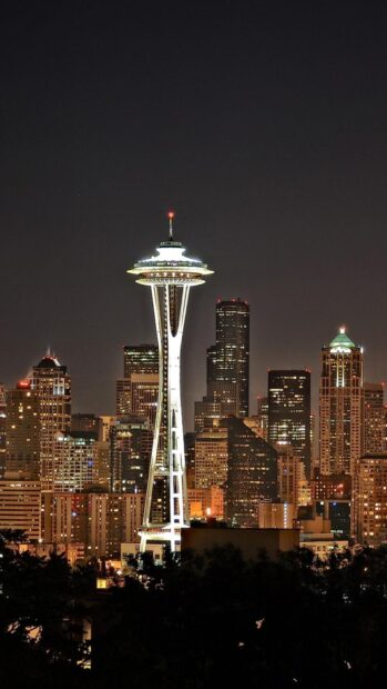 The Seattle skyline features the iconic Space Needle illuminated against the night sky, HD Phone Wallpaper