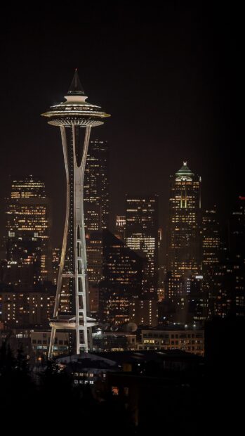The Seattle skyline showcases the iconic Space Needle illuminated among city lights at night, HD Phone Wallpaper