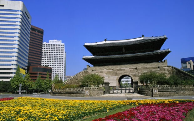 Ancient Seoul Korea architecture with colorful flowers in the foreground and modern buildings in the background