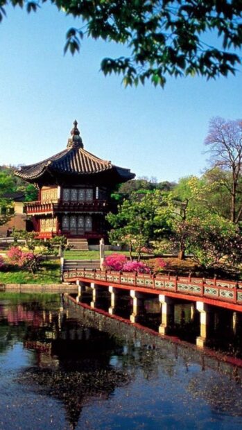 Traditional Korean architecture surrounded by colorful gardens in Seoul Korea