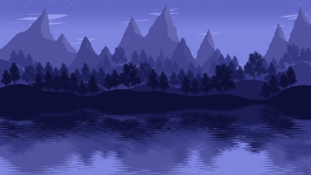 A peaceful mountain lake reflects the starry night and tree silhouettes, 4K Desktop Wallpaper