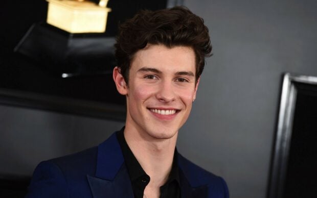 Shawn Mendes smiling in a navy suit at a formal event indoors
