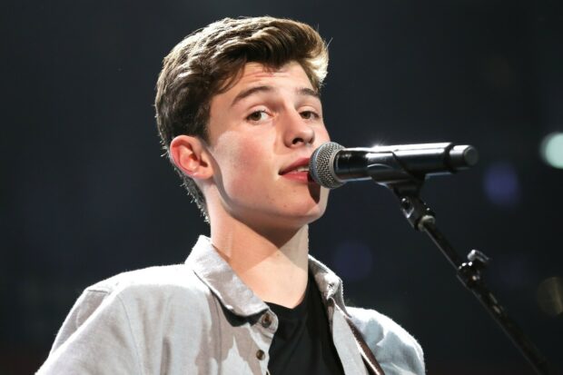 Shawn Mendes singing on stage with a microphone during a live performance