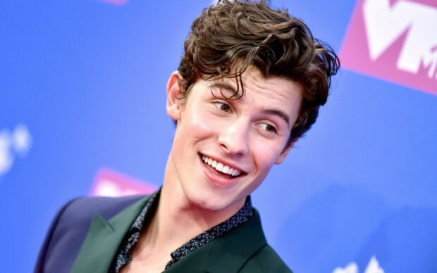 Shawn Mendes smiling at an event with curly hair and a green suit jacket