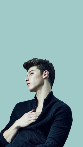 Shawn Mendes wearing a black sweater posing against a plain blue background