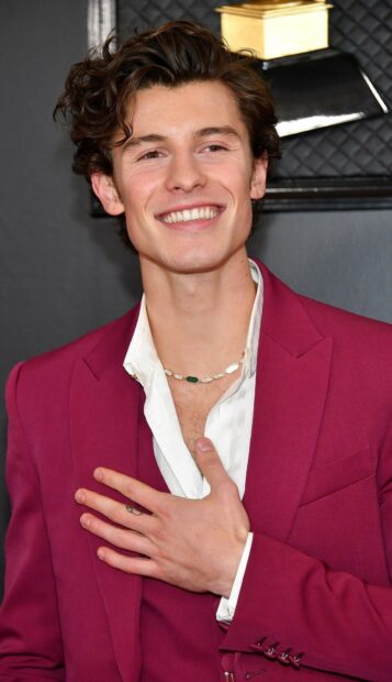 Shawn Mendes wearing a maroon suit smiling with his hand on his chest