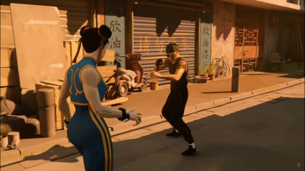 A sifu character prepares to fight a street opponent in an urban alleyway scene