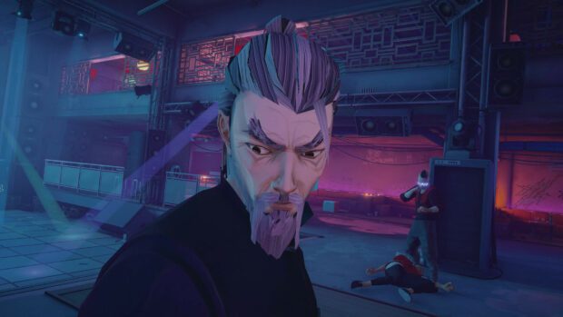 A focused martial arts master stands in a dimly lit fighting arena with opponents in the background