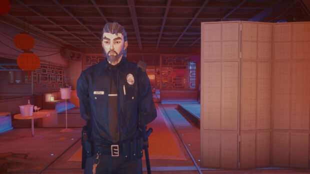 A Sifu character dressed as a security guard standing in a neon lit room with red lanterns and wooden partitions