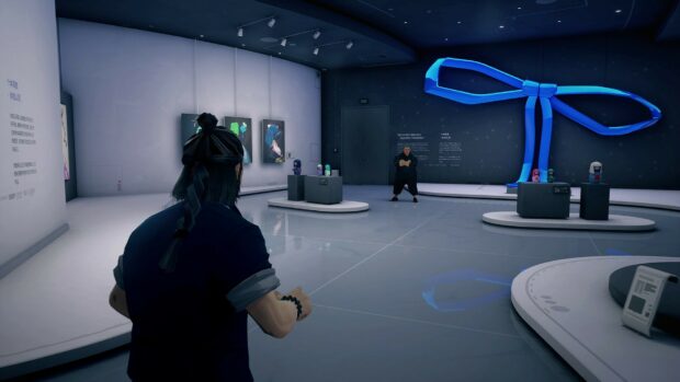 A Sifu character exploring an art gallery with sculptures and paintings in a modern space