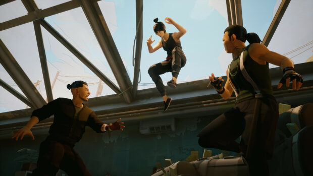 A sifu character jumping from a broken ceiling glass towards two opponents in an intense fight scene