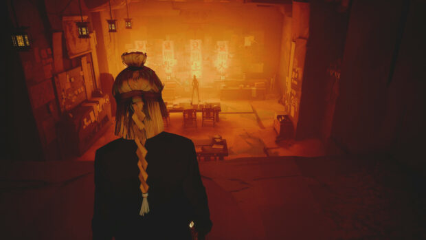 A Sifu character with a braided hairstyle standing in a dimly lit room with posters and furniture