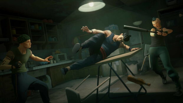 A sifu defending himself from two attackers in a dimly lit room with a wooden table flying