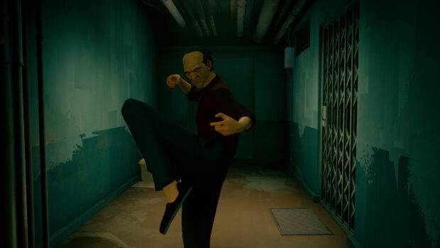 A sifu preparing to strike in a dark narrow corridor with green walls