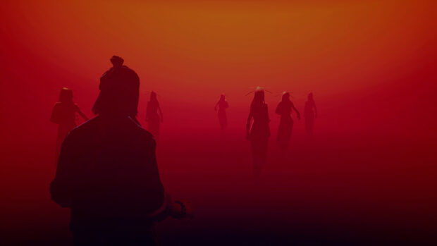 A silhouette of a sifu facing multiple opponents in a red gradient setting