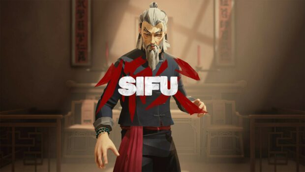 An old martial arts master stands in a traditional dojo with focused expression displaying Sifu spirit