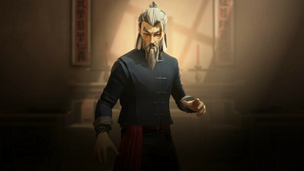 Elder martial arts master in traditional clothing practicing sifu skills in a dimly lit room