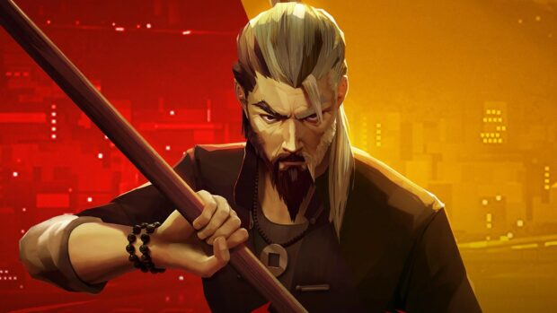 Fierce martial artist holding a wooden staff in vibrant red and yellow cityscape background