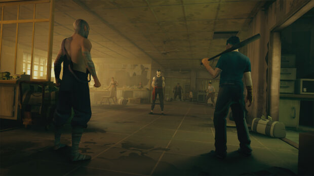 Fierce sifu preparing to fight multiple opponents in an abandoned training room