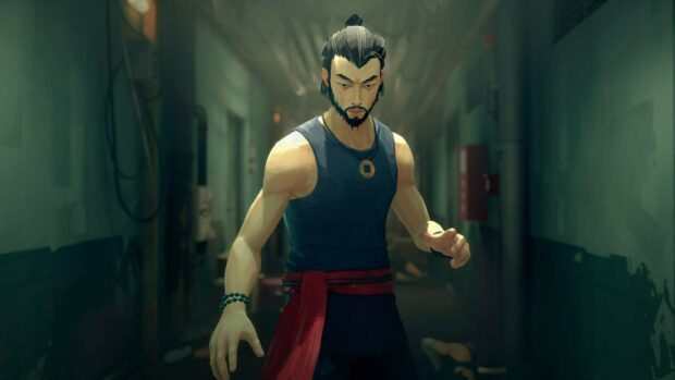 Martial artist with a focused expression in a dark corridor from Sifu game