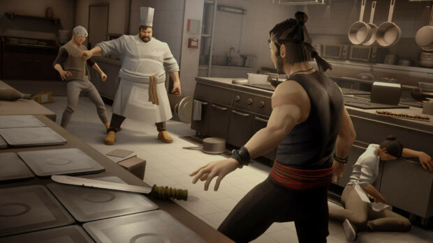 Sifu character facing opponents in a kitchen setting preparing for a fight